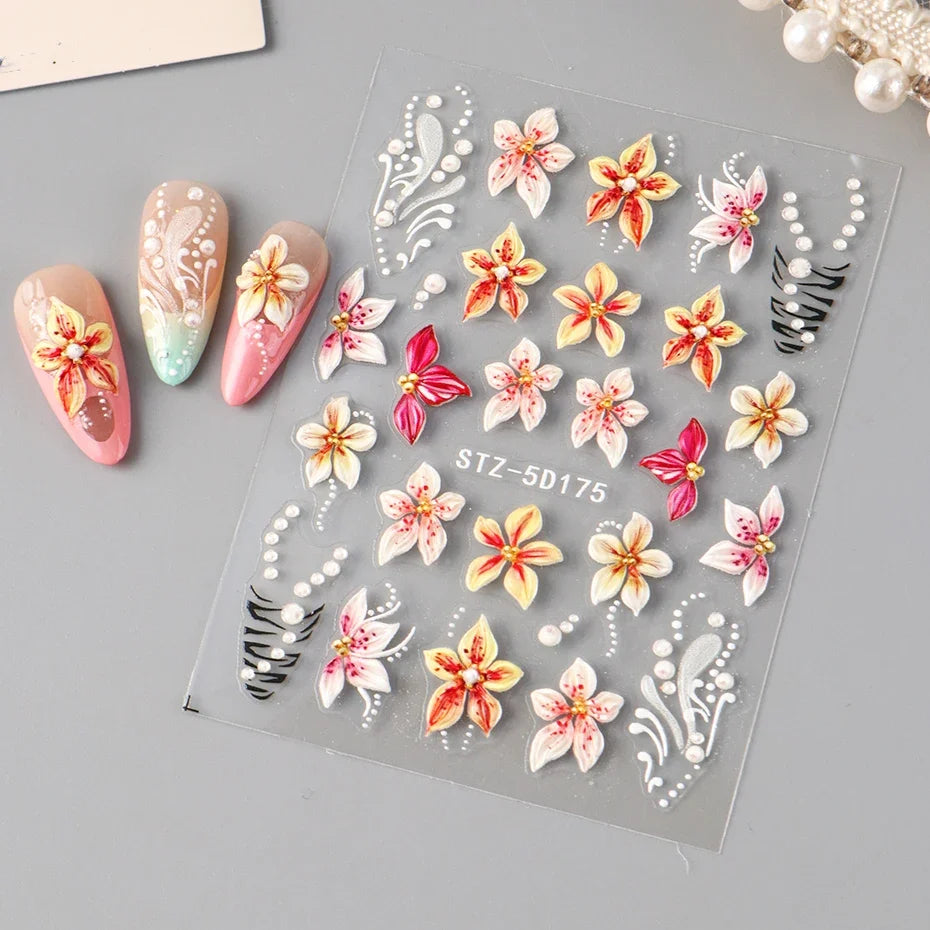 1/2pcs 5D Embossed Flowers Nail Art Stickers Lily Hibiscus with French Leopard Print Design of Spring & Summer Nail Decoration