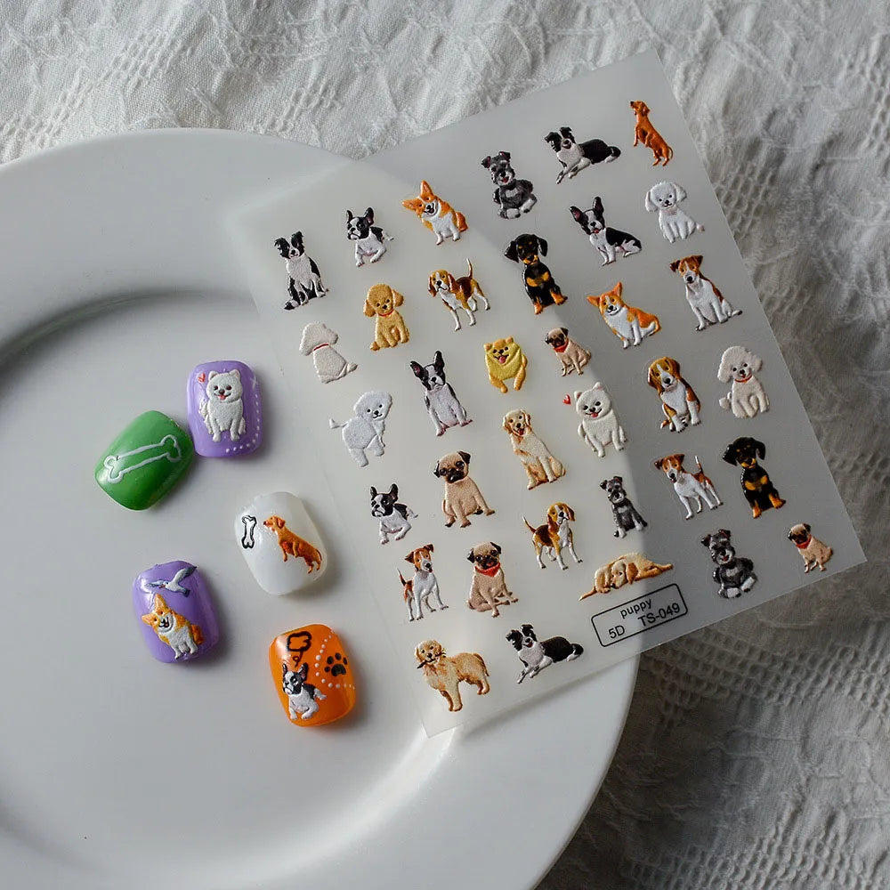 5D Cute Cartoon Dog Nail Art Stickers Decals Self-adhesive Slider 5D Embossed Nail Sticke Lovely Dog Manicure Design Supplies