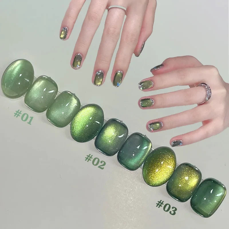 12ML 1PCS Whitening Green Light Glass Bead Star Bamboo Green Series Cat Eye Magnet Gel Nail Polish Nail Set Green Nails