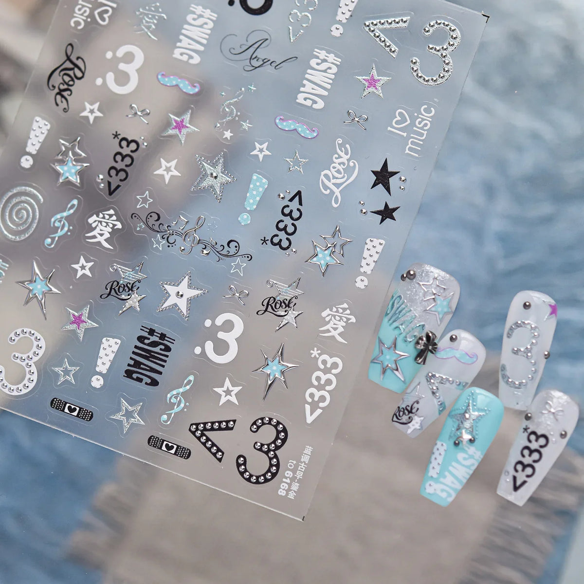 Metal Y2K Millennium Spicy Girl Nail Stickers Blues Vintage Blue Mark Silver Edge Musical Note Star Number Nail Accessories DIY