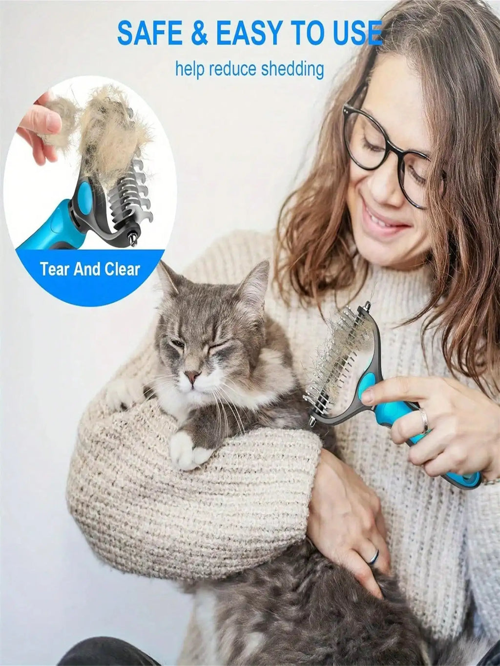 Ergonomic Double-Sided Undercoat Rake - Comfort Grip Dematting & Deshedding Brush Tool, Stainless Steel Teeth, Gentle on Skin, I