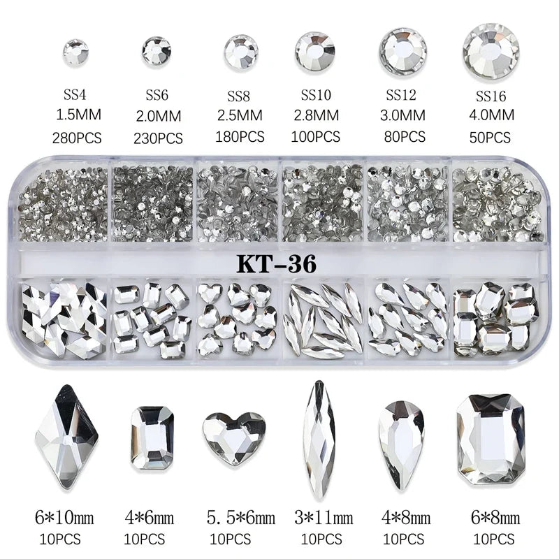 12 Grids Hot Selling Rhinestones Nail Art Charms 3D Set Multi-shapes Colorful Flatback Diamonds Nail Decoration DIY Nail Parts