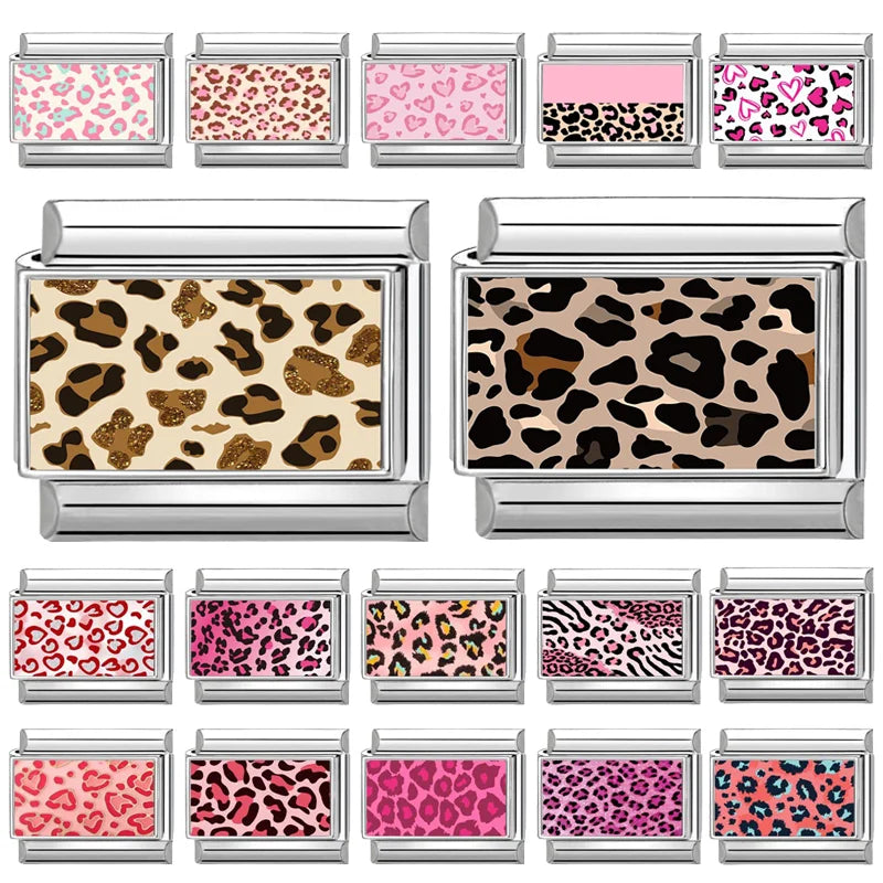 Wholesale Women Fashion Gold Leaf Pink Leopard Print Italian Charm Fit 9mm Stainless Steel Bracelet Drop Shipping Gifts Jewelrys