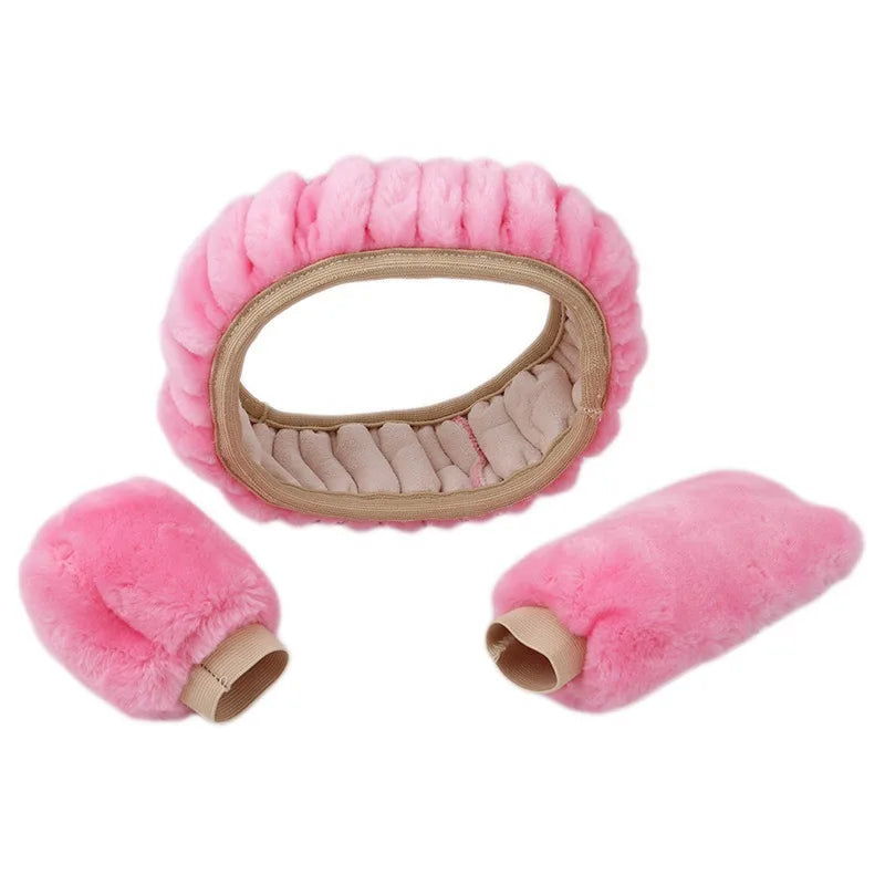 Universal Plush Steering Wheel Cover Set 3pcs Faux Fur Car Steering Wheel Hand Brake Gear Shift Covers for 36-40cm Warm Winter
