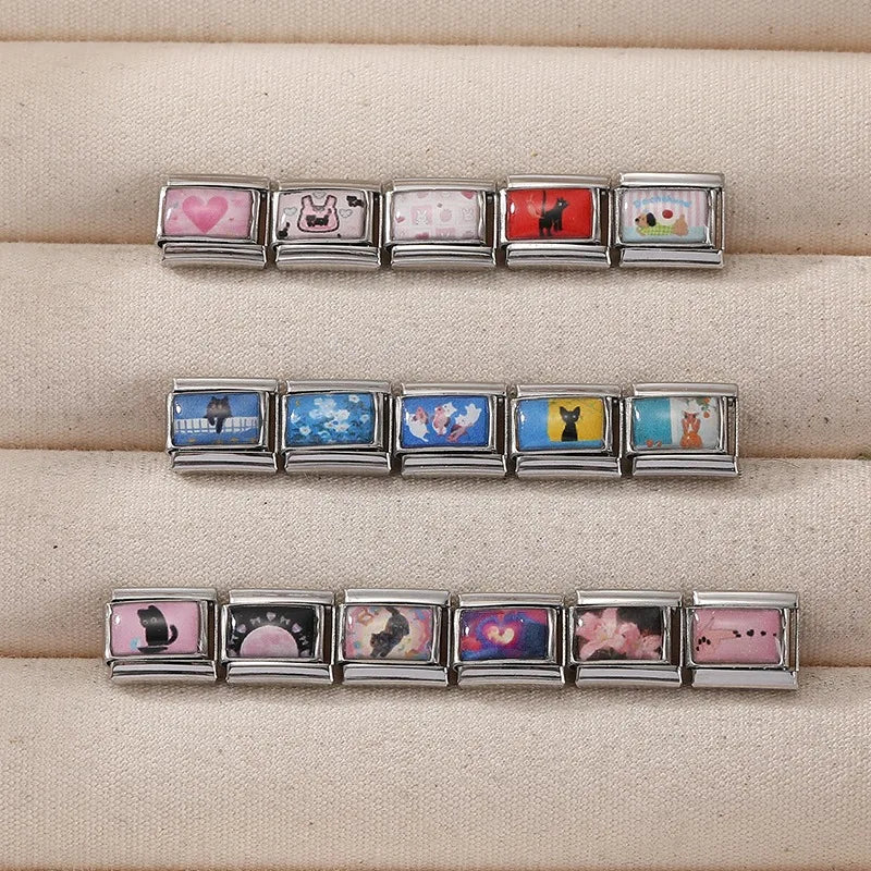 Y2K Beautiful Pink Lily Flowers Moon Cats Italian Charms Fit 9mm Stainless Steel Women Men Bracelet DIY Making Jewelry Wholesale
