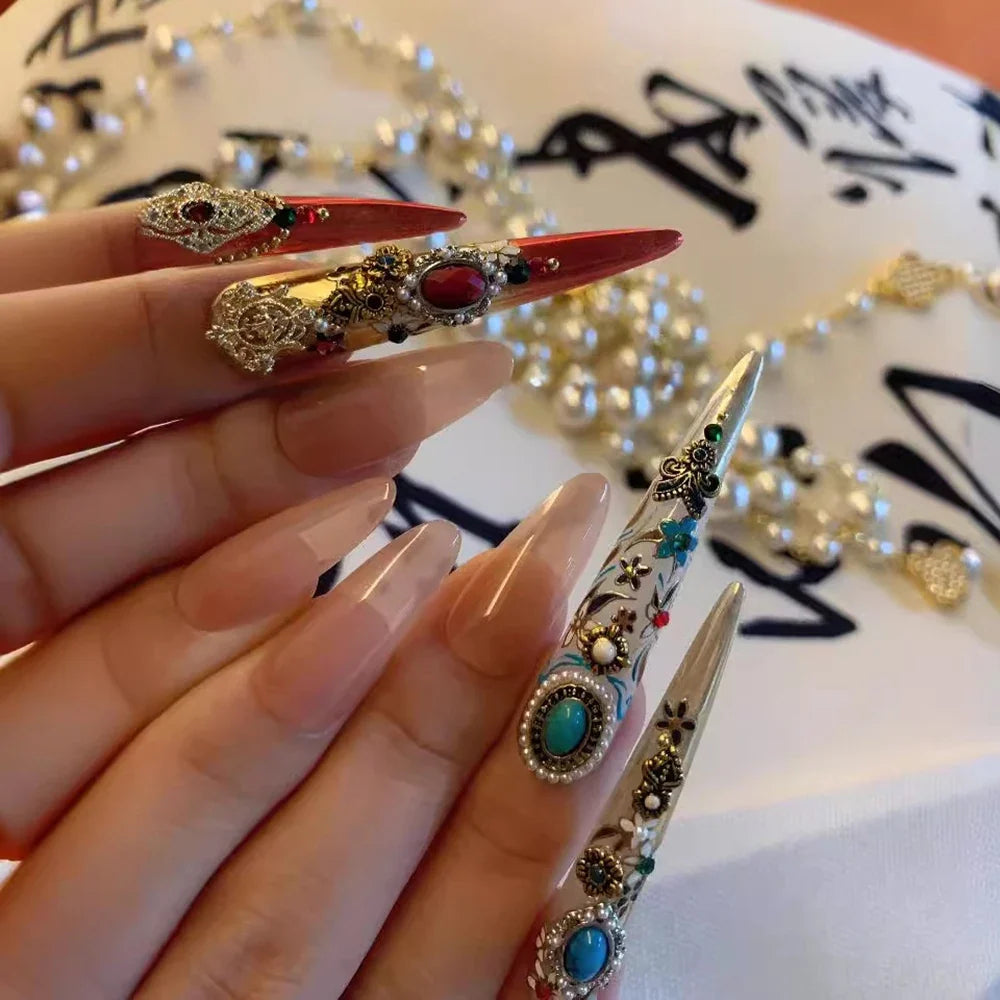 20pcs Bohemia Nail Art Charms Retro Mixed Alloy Turquoise Totem Nail Diamonds 3D  Marble Gems for Manicure DIY Decorations
