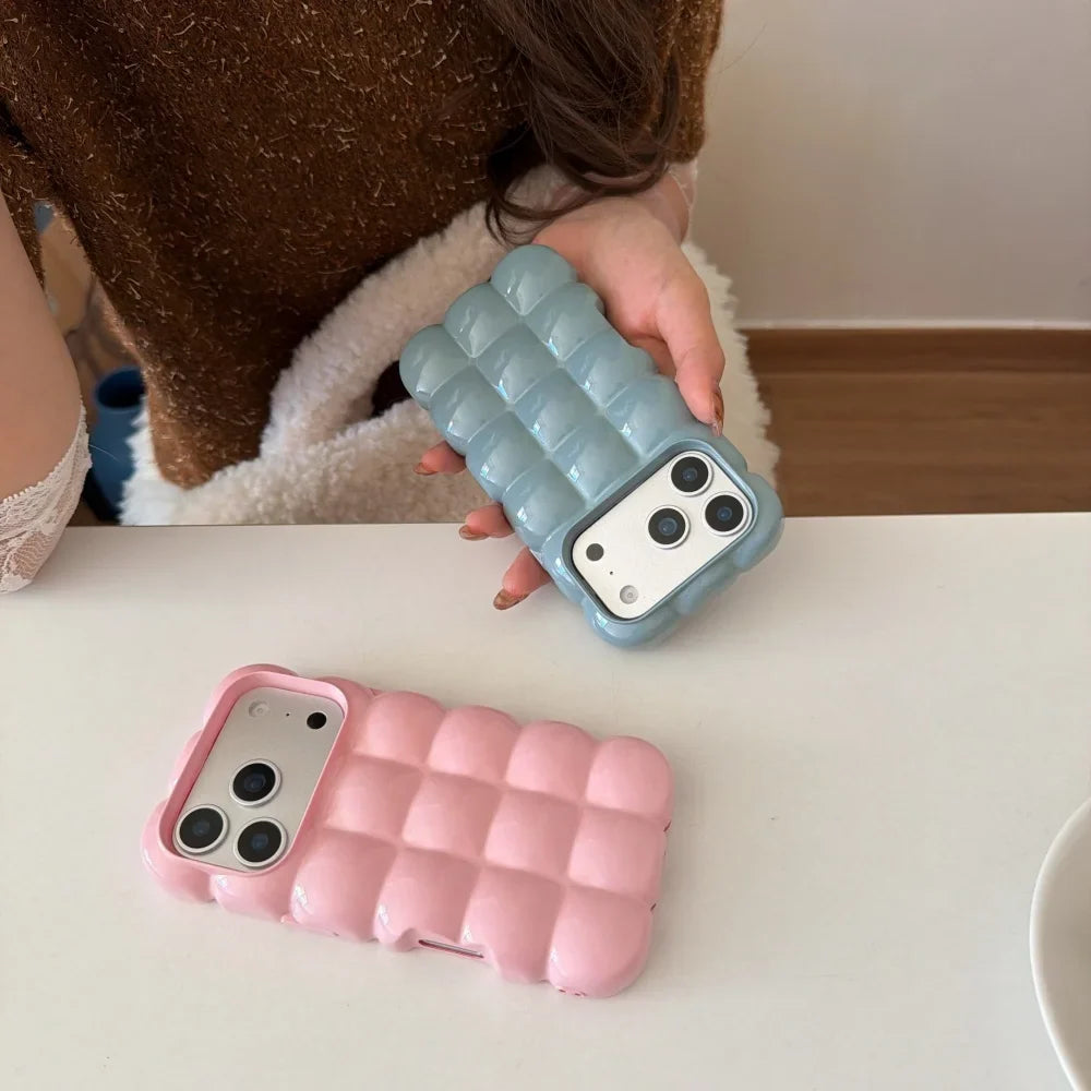 Cartoon Lattice 3D Block Plating Case for iPhone 17 16 15 Pro Max 14 12 13 11 Glossy Candy Solid Color Shockproof Soft TPU Cover