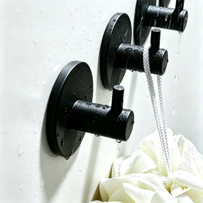 5 PCS Matte Black ABS Adhesive Wall Hooks Waterproof No Drill Heavy Duty Towel Hooks for Bathroom Shower Home Hanging