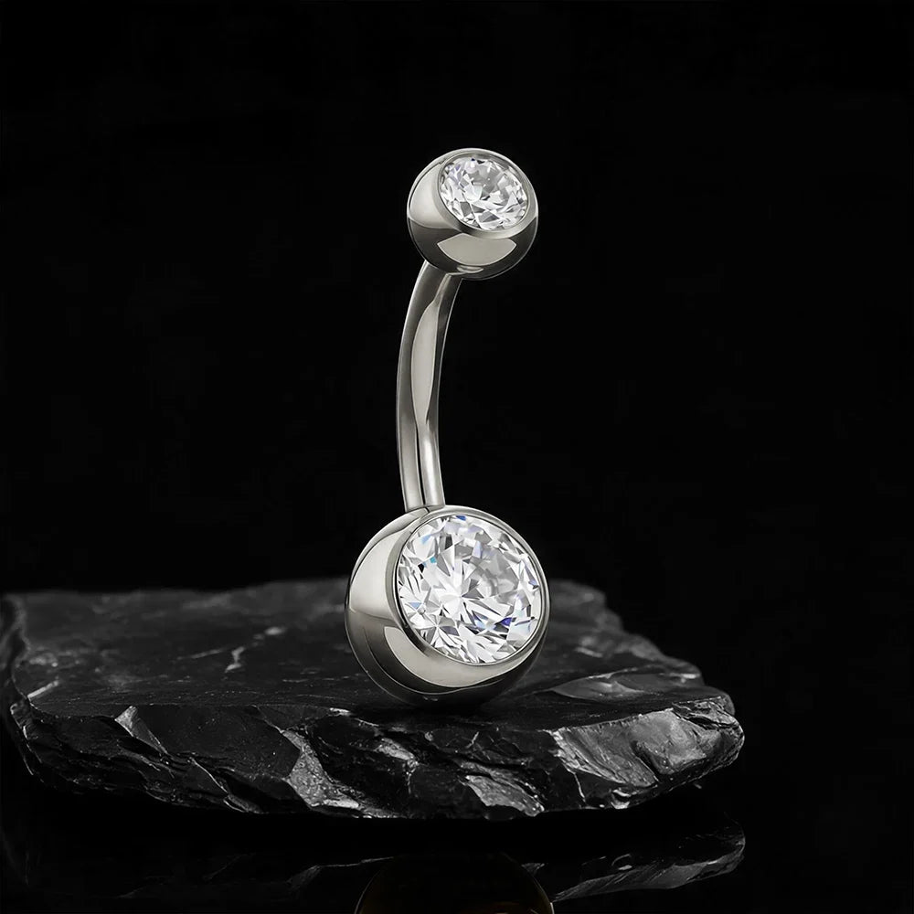 Right Grand ASTM F136 Titanium Bezel CZ Belly Button Ring Hypoallergenic 14G Curved Barbell Navel Piercing Body Jewelry