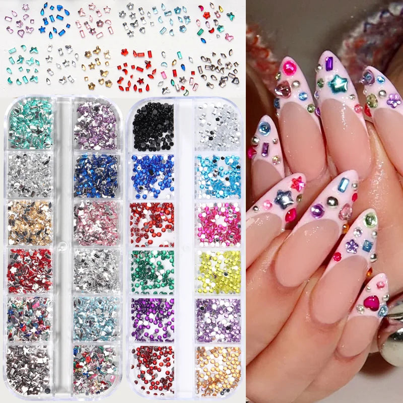 12 Grids 3D Mini Colorful Nail Rhinestones Elegant Rhombus Moon Star Heart Flower Multi Shape Flatback Gemstones Nail Art Decor