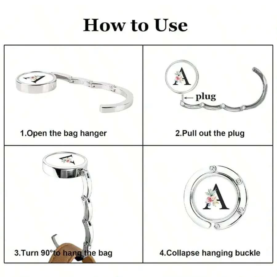 Foldable Bag Hanger Hook Purse Hook Handbag Hanger Table Hook Holder With Personalized Letter A-Z, Portable Table Hook For Women