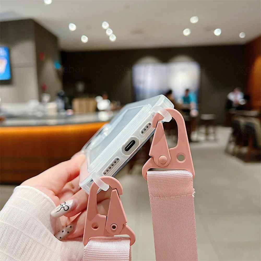Crossbody Necklace Wide Lanyard Clear Card Holder Wallet Phone Case For iPhone 17 16 14 13 15 Pro Max 12 11 Soft Silicone Cover