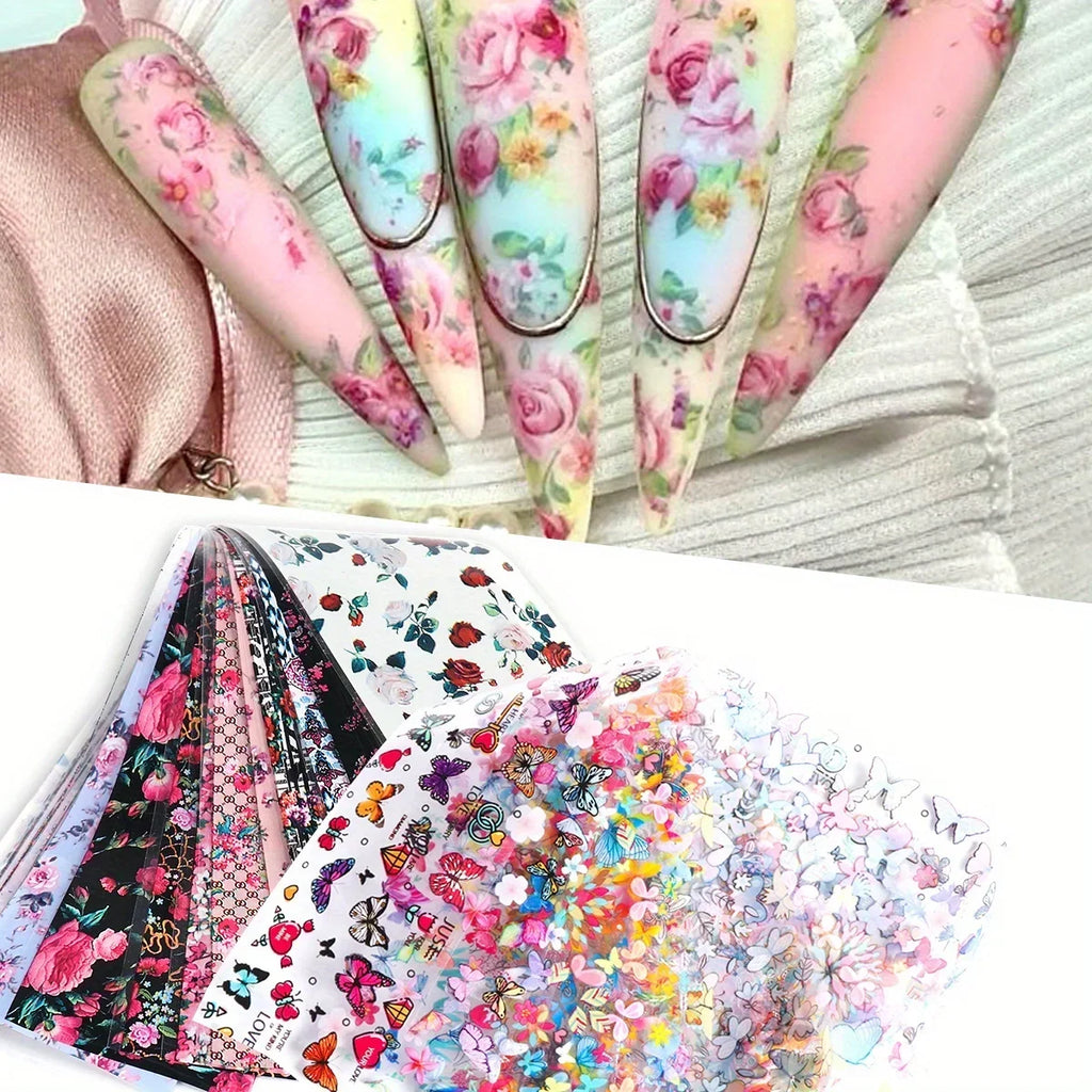 2 Pack Painting Rose Flower Nail Art Foil Butterfly Hibiscus Design Elegant Printing Sticker Elegant Lady Manicure Transfer Tips