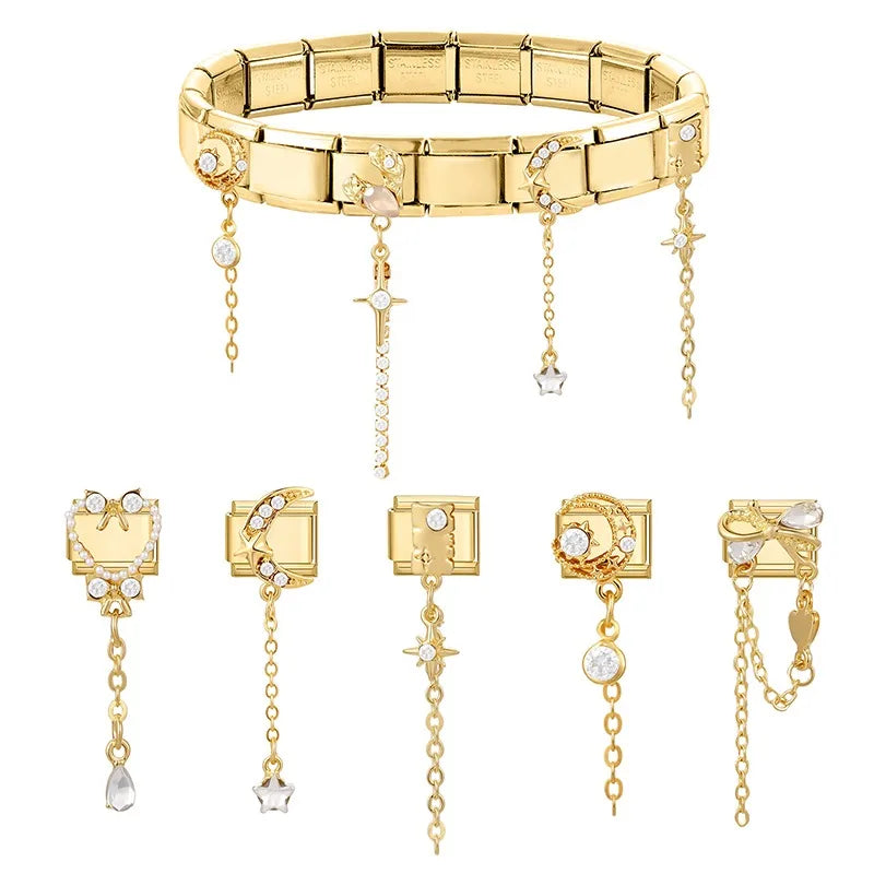 Fashion Dreamy Luxury Gold Color Series Red Heart Bows Zircon  Italian Charms Fit 9mm Stainless Steel Women Bracelet DIY Jewelry