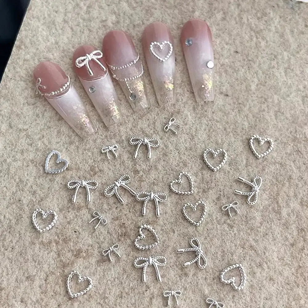 10Pcs/Bag Mini Bowknot Nail Art Charms Super Shiny Alloy Love Nail Decals Silver Metal Nail Art Decorations