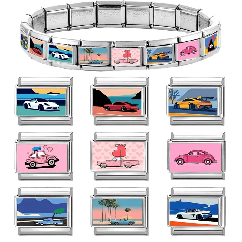 Wholesale 2026  Men Women Fashion Vintage Sports Car Pattern Italian Charms Fit 9mm Stainless Steel Bracelet DIY Jewelry Gifts