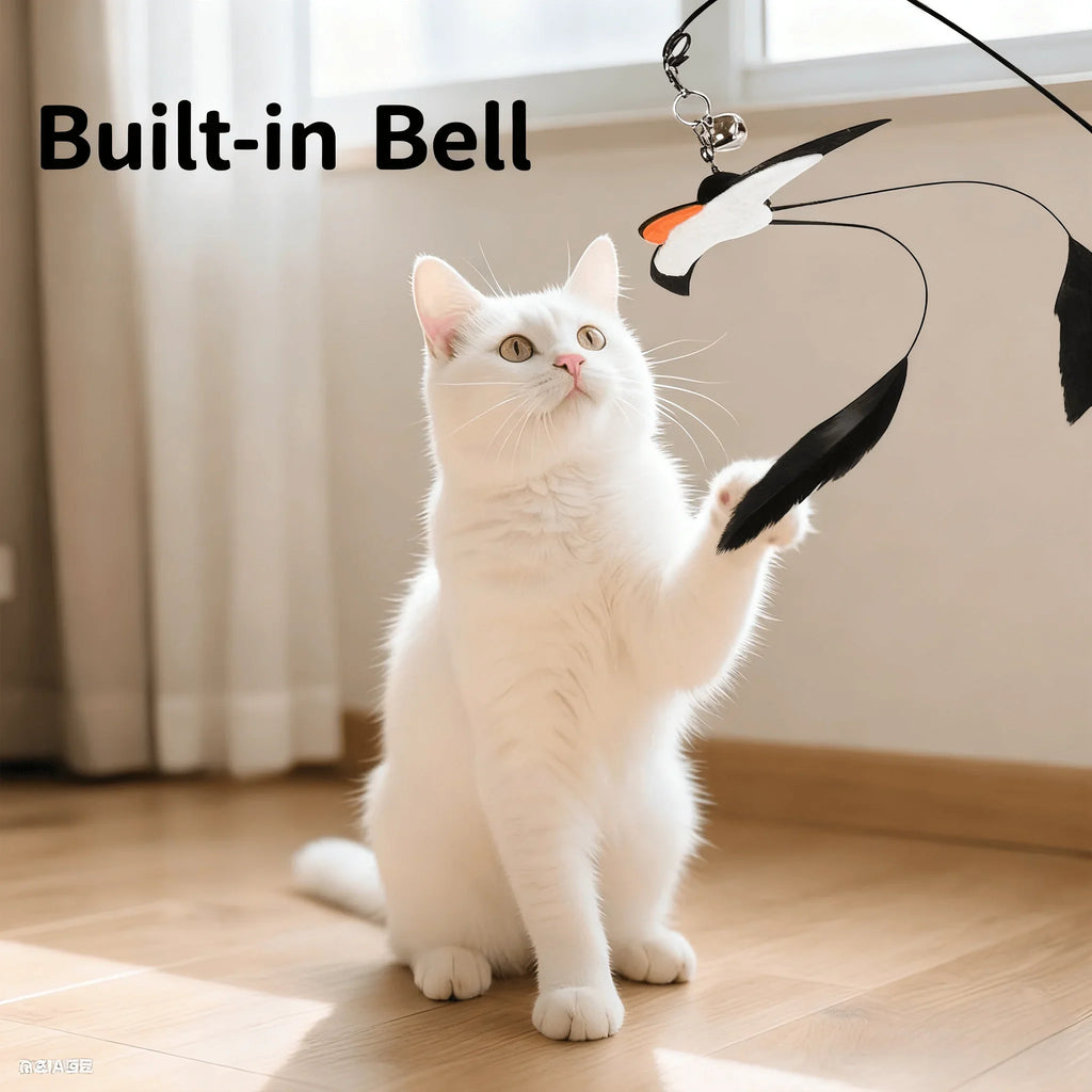 Small swallow cat teaser stick with long rod, steel wire with bell feather replacement head, cat toy to relieve boredom, pet toy