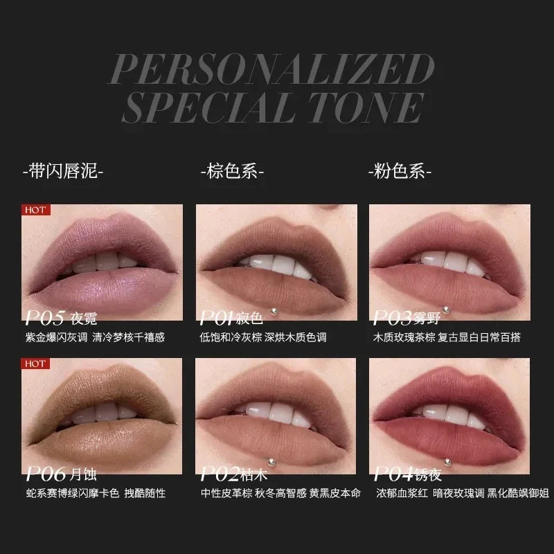 KAXIER Lipstick Matte Shimmer Velvet Mist Nude Lip Mud Gothic Smoky Punk Lip Non Stick Cup Fine Flash Lasting Lip Makeup