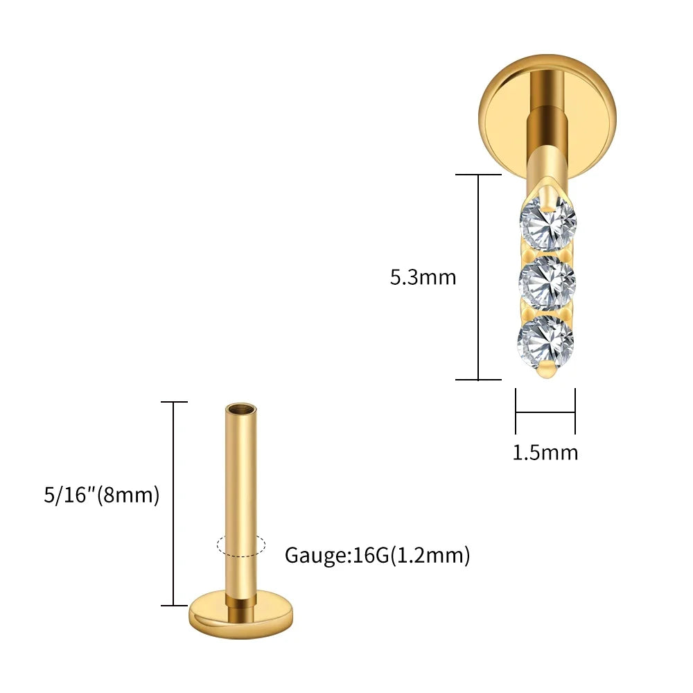 Right Grand ASTM F136 Titanium Tiny Triple CZ Bar Labret Lip 16G Flat Back Cartilage Helix Tragus Nose Stud Piercing Jewelry