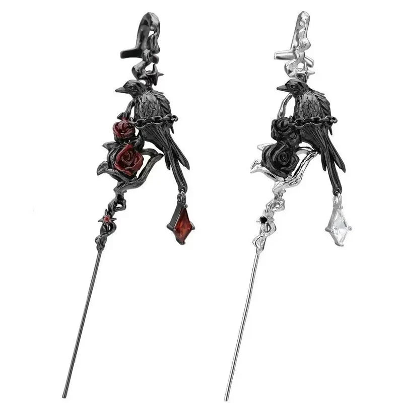 Gothic Earring for Girl Punk Jewelry Goth Thorn Rose Crow Stud Earrings Puncture Earring Halloween Party Accessories