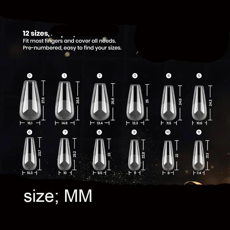 Medium-Sized Gel Nail Tips with Coffin Etching X, 12 Sizes, 120 Pieces Pre-Shaped Semi-Matte Full Coverage Press-On False Nail Tips, Acrylic False Nail Extension Kit, Easy DIY Salon Nail Art Gift