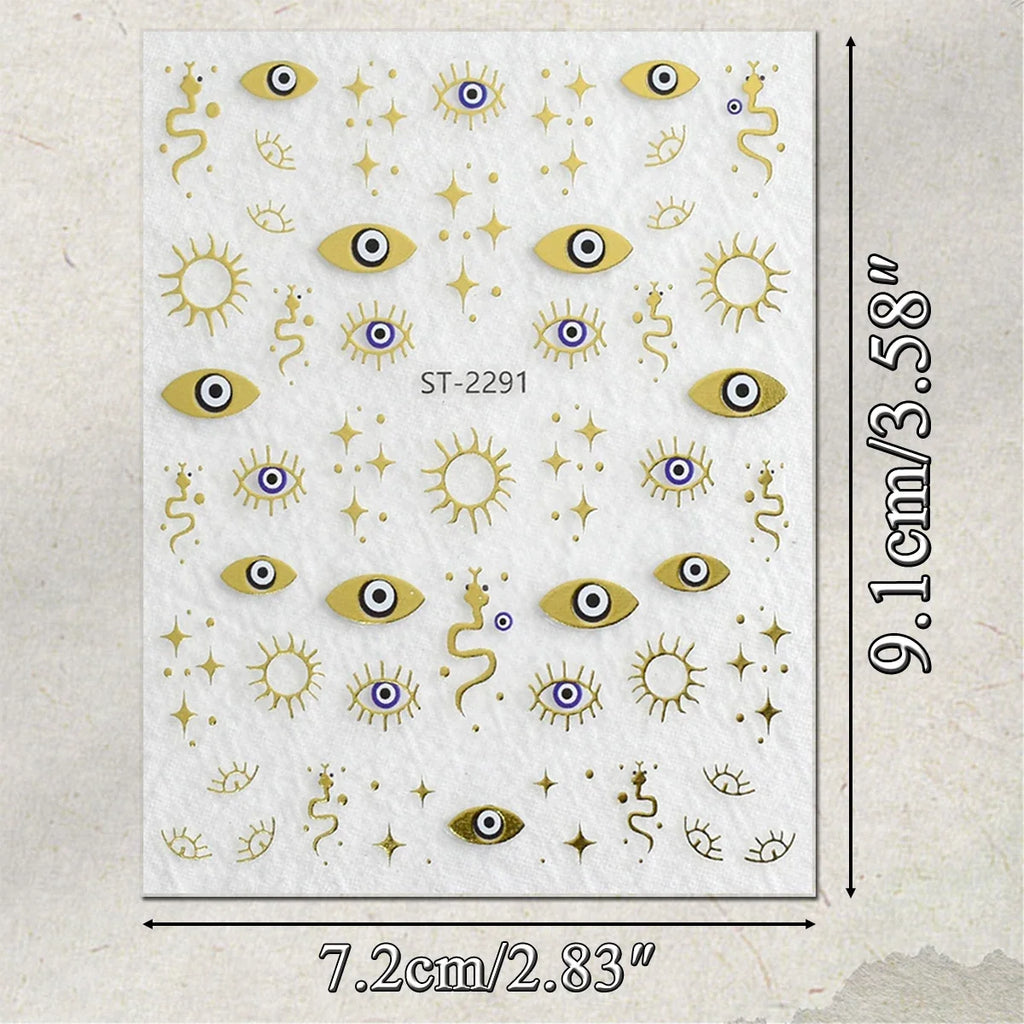 3/6/12 Sheets Gold Silver Evil Eye Nail Art Stickers Moon Star Sun Protection Nail Decals for Women DIY Boho Nail Design