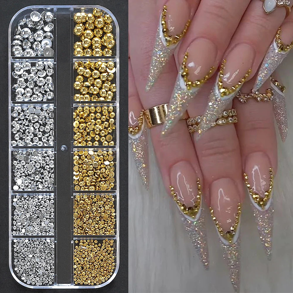 12Grids Gold/Sliver Half Round Beads Nail Art Charms 6-Sizes Flatback Caviar Bead Christmas Diamond DIY Sparkly Manicure Gems #*