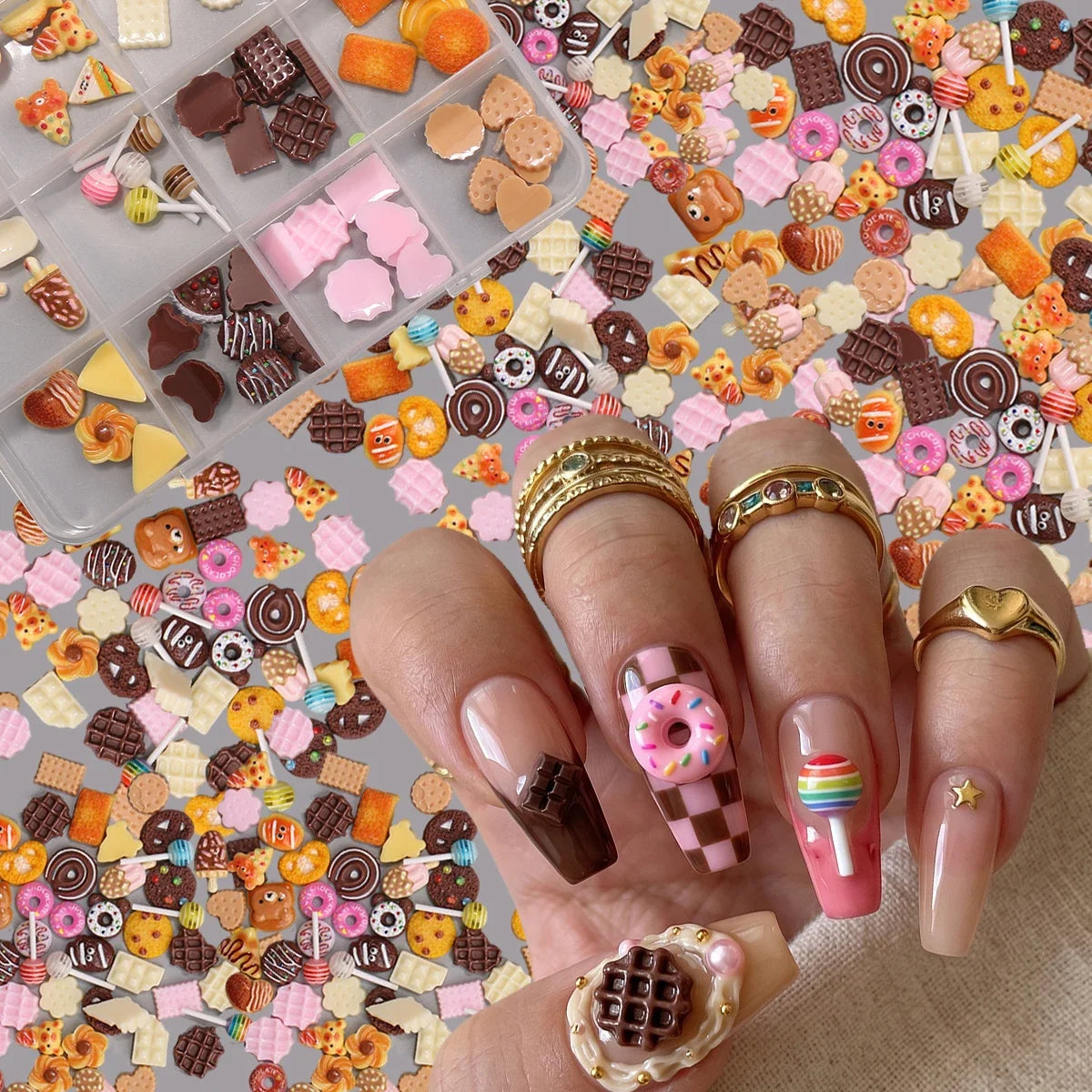 12Grids Box Sweet Dessert Nail Art Charms 3D Resin Donut Chocolate Lollipop Gems Kawaii Style for Music Festival Party DI