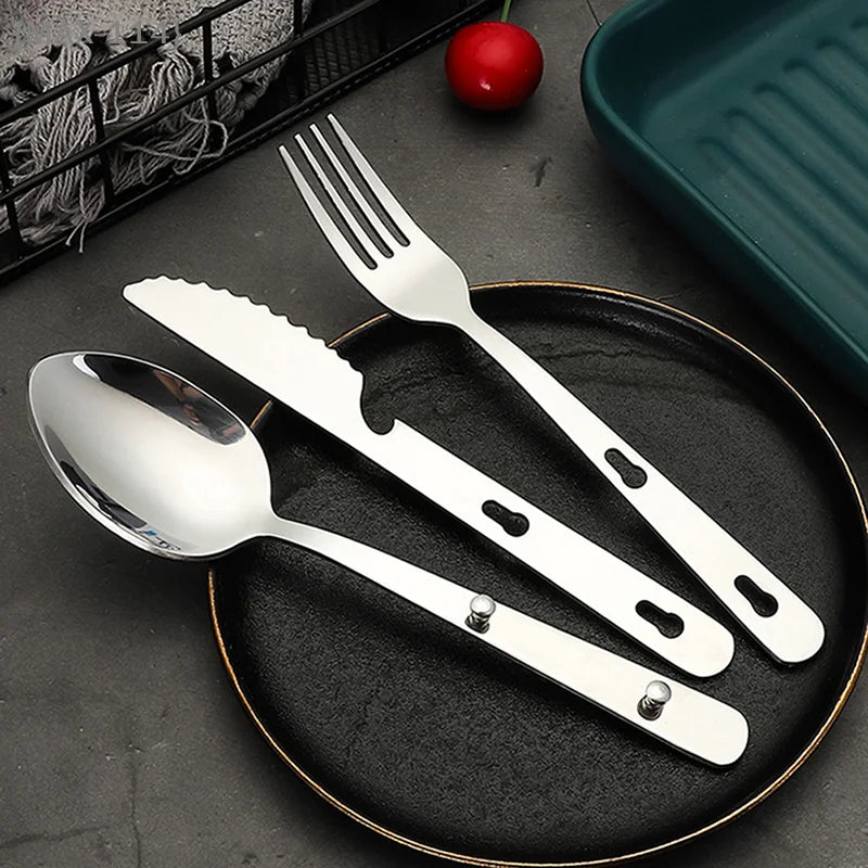 【Ja】Travel-Friendly Foldable Utensil Set - 3pcs Stainless Steel Spoon Fork Knife, Compact for Camping & On-the-Go Meals