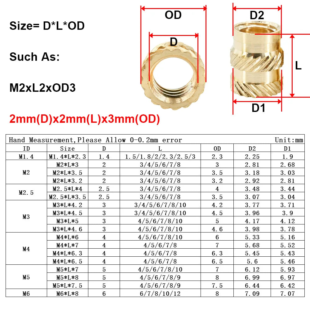 Brass Heat Insert Nut M2 M2.5 M3 M4 M5 M6 M8 Knurled Hot Melt Molding Injection Embed Inserts Thread Nut 3d Printer Plastic Part