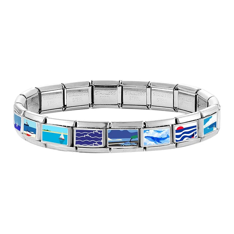 Fashion Seaside Scenery Seawave Sailing Boat Blue Italian Charm Links Fit 9mm Stainless Steel Bracelet Women Jewelry DIY Making