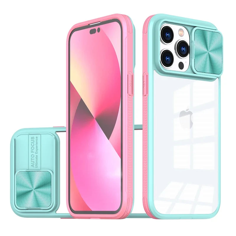 Slide Camera Lens Protection Case For iPhone 15 14 11 12 13 Pro XS Max XR 7 8 Plus SE Soft Bumper Shockproof Clear Hard PC Cover