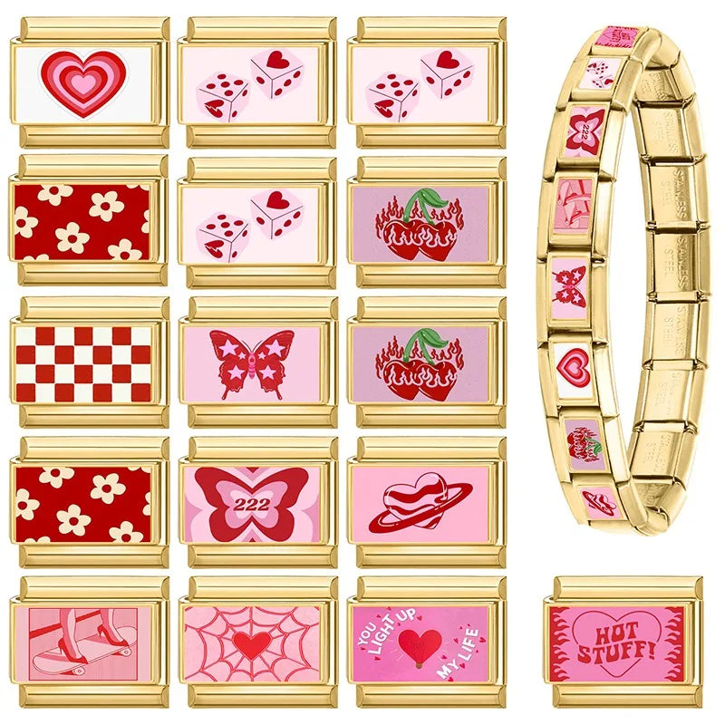 Y2K Wholesale 777 Flowers Dachshund Dogs Gold Italian Charm Link Fit 9mm Stainless Steel Jewelry DIY Making Women Bracelets Gift