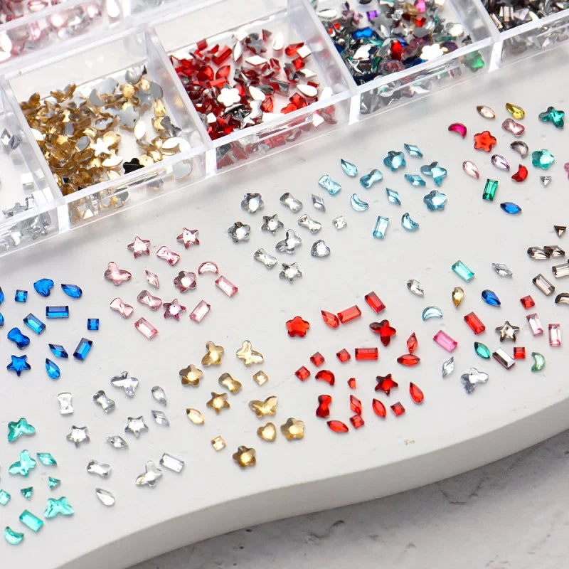 12 Grids 3D Mini Colorful Nail Rhinestones Elegant Rhombus Moon Star Heart Flower Multi Shape Flatback Gemstones Nail Art Decor