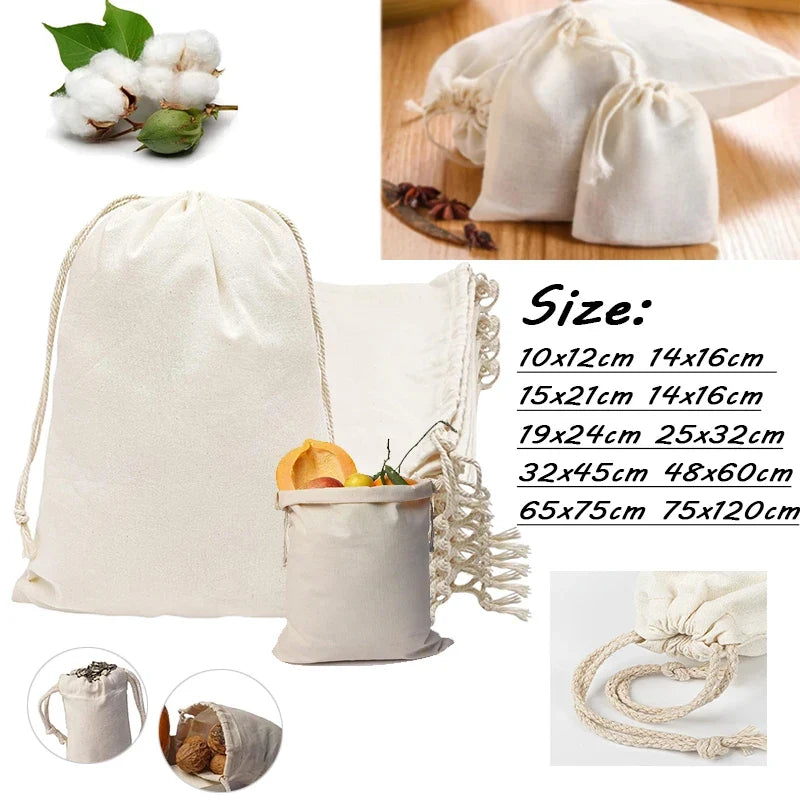 1~5pcs Natural Cotton Drawstring Storage Bags Christms Wedding Gift DIY Plain Pouch Reusable Home Organize Dustbag