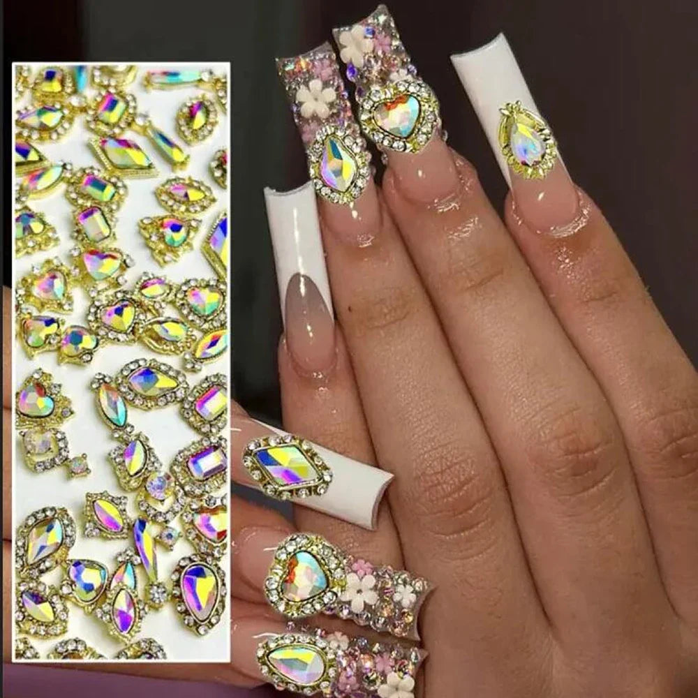 50Pcs 3D Mixed Luxury AB Alloy Nail Art Charms with Heart/Drop/Square/Rhombic Gem Nails Decoration DIY Crafts Manicure Accessory