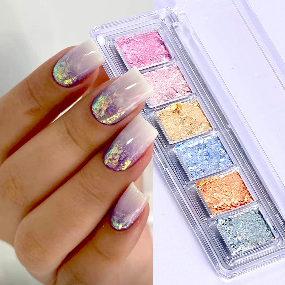 6 Grids Bright Bling Mud Solid Nail Pigment Crystal Aurora Opal Rubbing Dust Chrome Nail Glitter Korean Japanese Manicure Decor