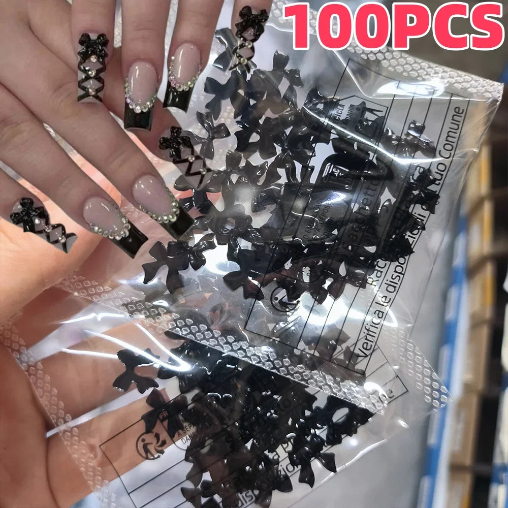 100pcs 3D Black Bowknot Nail Art Charms Kawaii Resin Ribbon Bows Nail Art Decorations DIY Korean Y2K Style Manicure Accessories