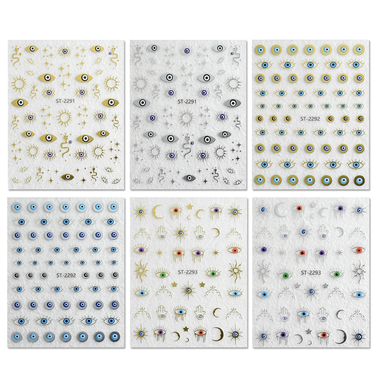 3/6/12 Sheets Gold Silver Evil Eye Nail Art Stickers Moon Star Sun Protection Nail Decals for Women DIY Boho Nail Design