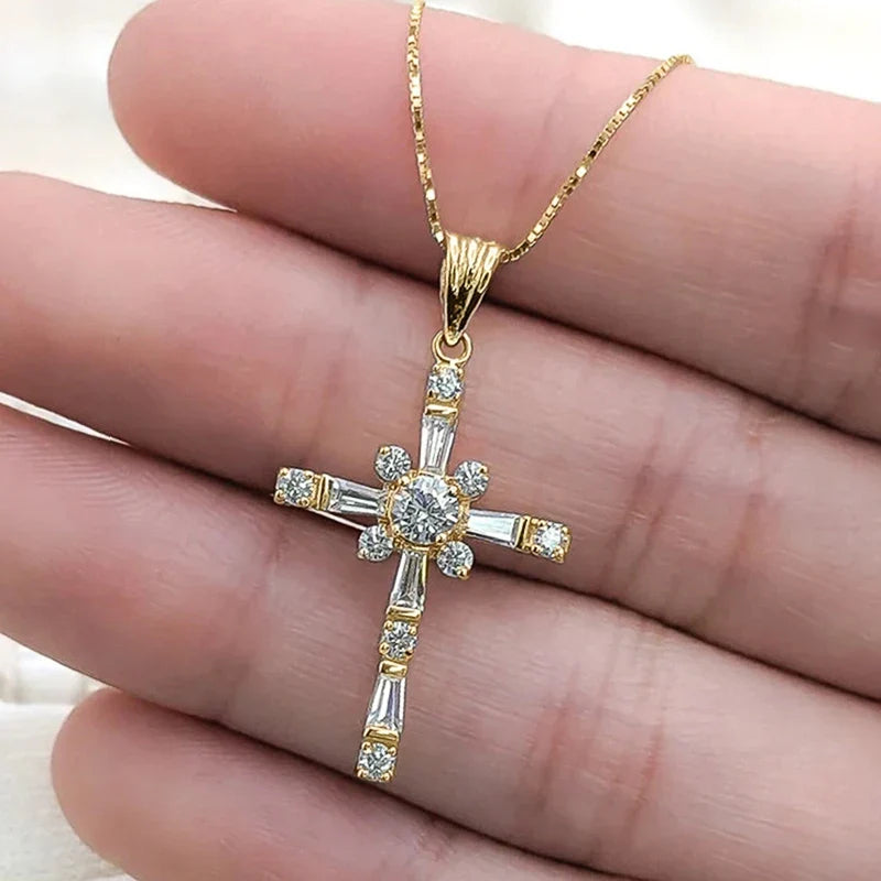 Huitan Fashionable Cross Pendant Necklace for Women Brilliant Cubic Zirconia Luxury Wedding Accessories Exquisite Neck Jewelry