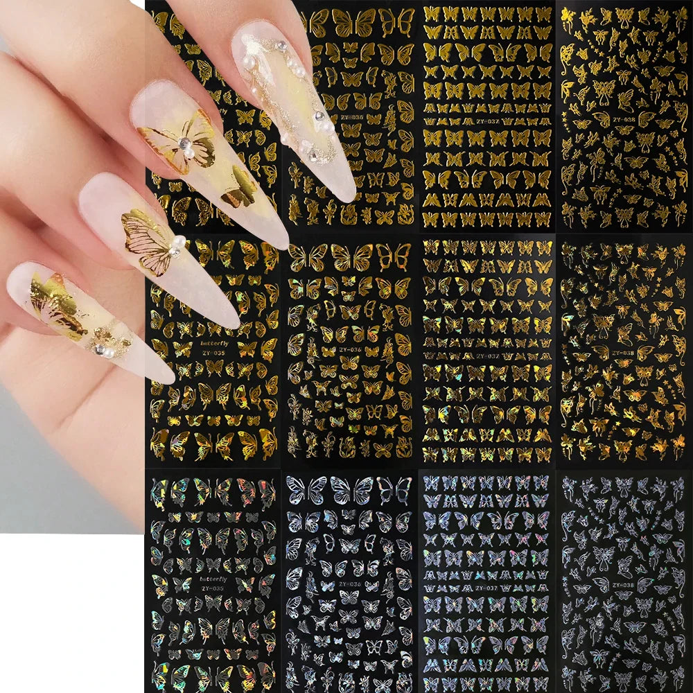 4pcs Gold Holographic Butterfly Nail Art Sticker Shiny Laser Butterflies Nail Decals 13*8cm Adhesive Butterfly Manicure Decor