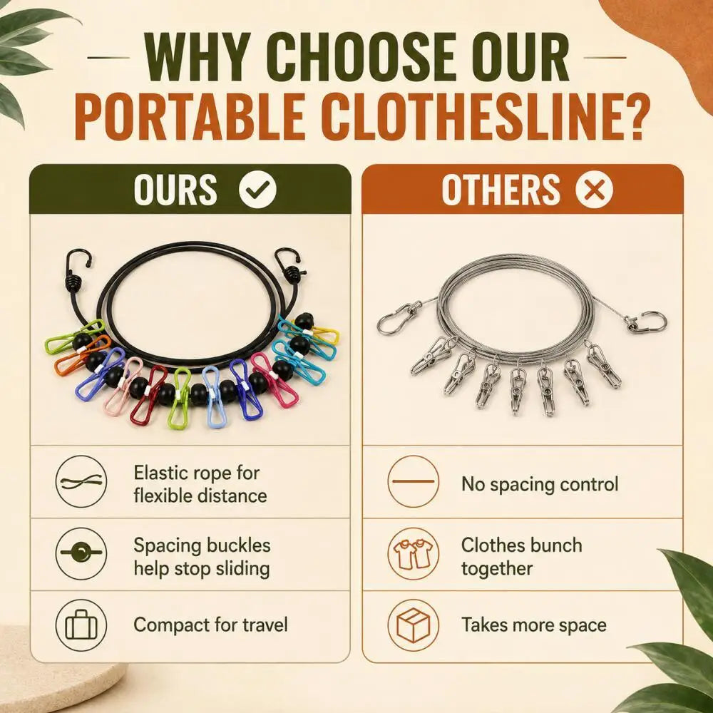 1.8 m portable elastic clothesline with 12 color clips, anti-slip, travel outdoor camping, windproof clothes drying rope