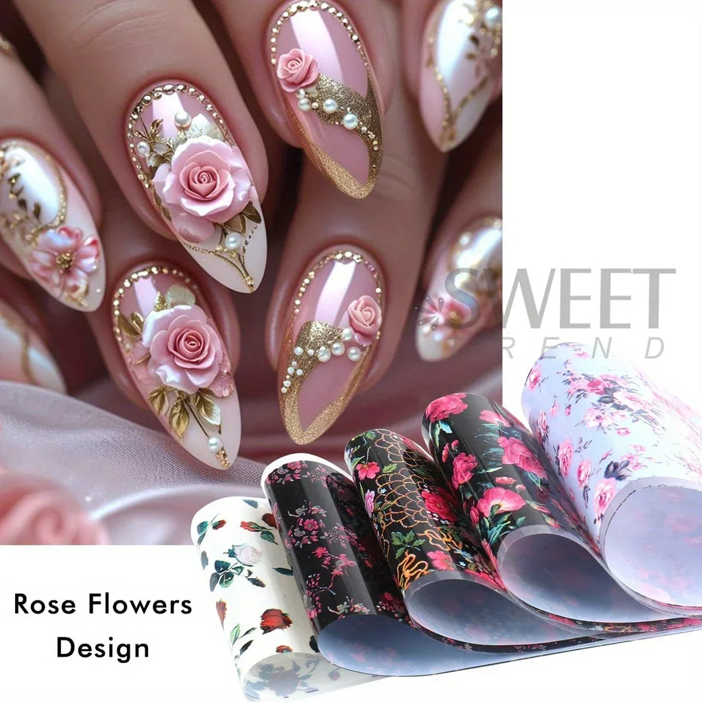 2 Pack Painting Rose Flower Nail Art Foil Butterfly Hibiscus Design Elegant Printing Sticker Elegant Lady Manicure Transfer Tips
