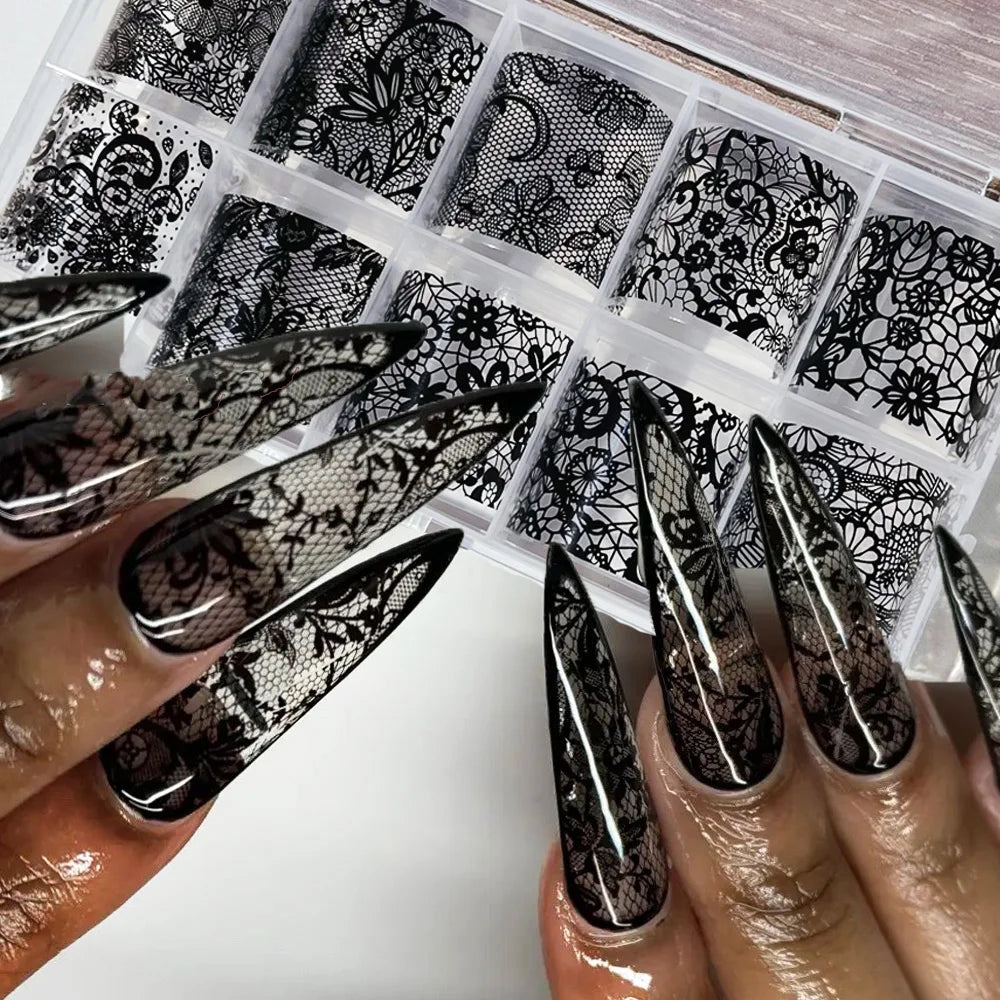 4X25cm-10rolls Sexy Black White Lace Nail Foils Untra-Thin White&Black Lace Flowers Nail Transfer Paper For Wedding Bride Decal