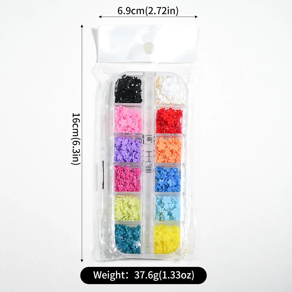 12Grids 3D Acrylic Flowers Nail Charms(with Steel Beads) Colorful Five-petal Flower Nail Art Decorations DIY Manicure Supplies &