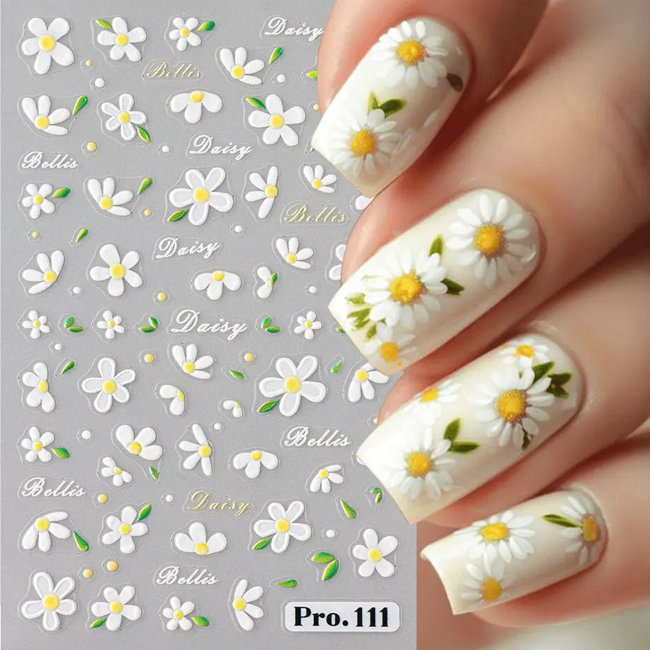 2pcs 5D Embossed Spring Daisy Nails Decals Cute Bee Ladybug Nail Stickers Blossom Petals Adhesive Charms Manicure Slider Decor