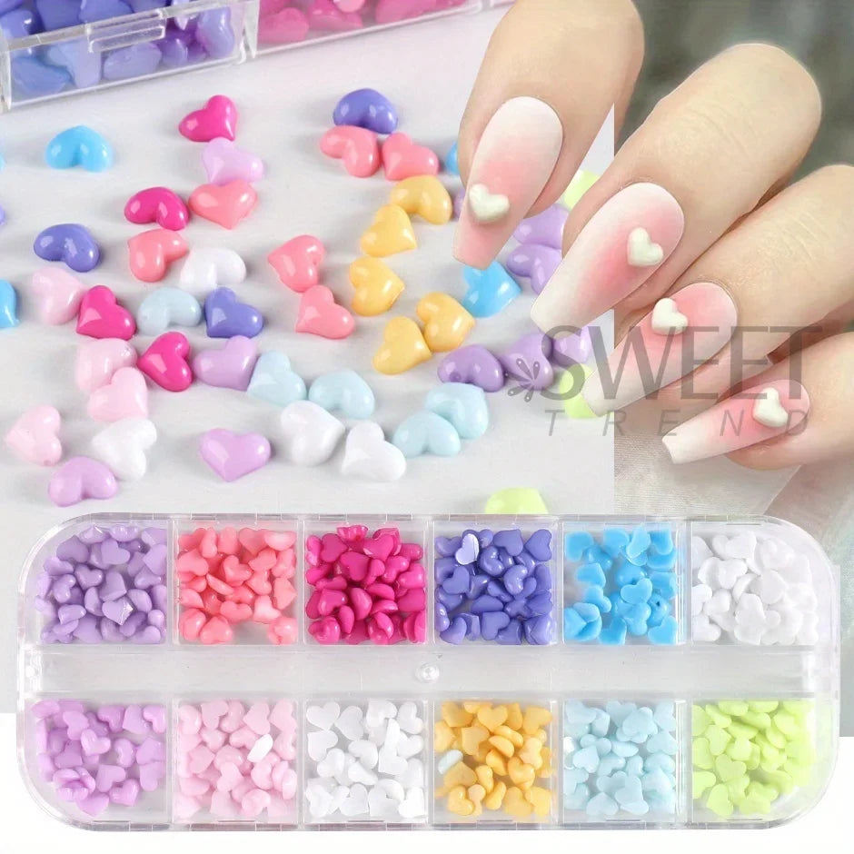 12 Grids Heart Shape Nail Art Charms Transparent Love Heart Resin Jewelry Pearl Half Bead Valentine's Decor Manicure Rhinestone
