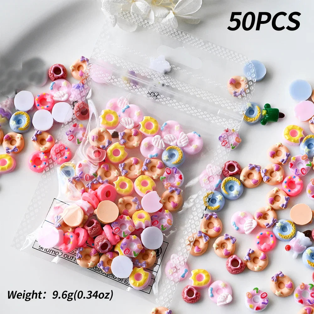 50Pcs 3D Mixed Cartoon Donuts Nail Art Charms Kawaii Dessert/Doughnut Nails Decorations for DIY Crafts Hair Manicure Accessories