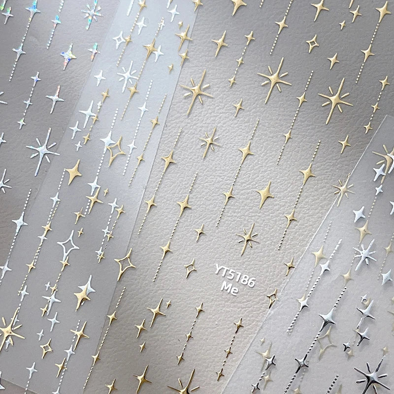 Gold Silver Stamped Starlight Laser Glitter Star Bronzing Rhinestones Relief Nail Art Decorations Stickers Manicure Decals