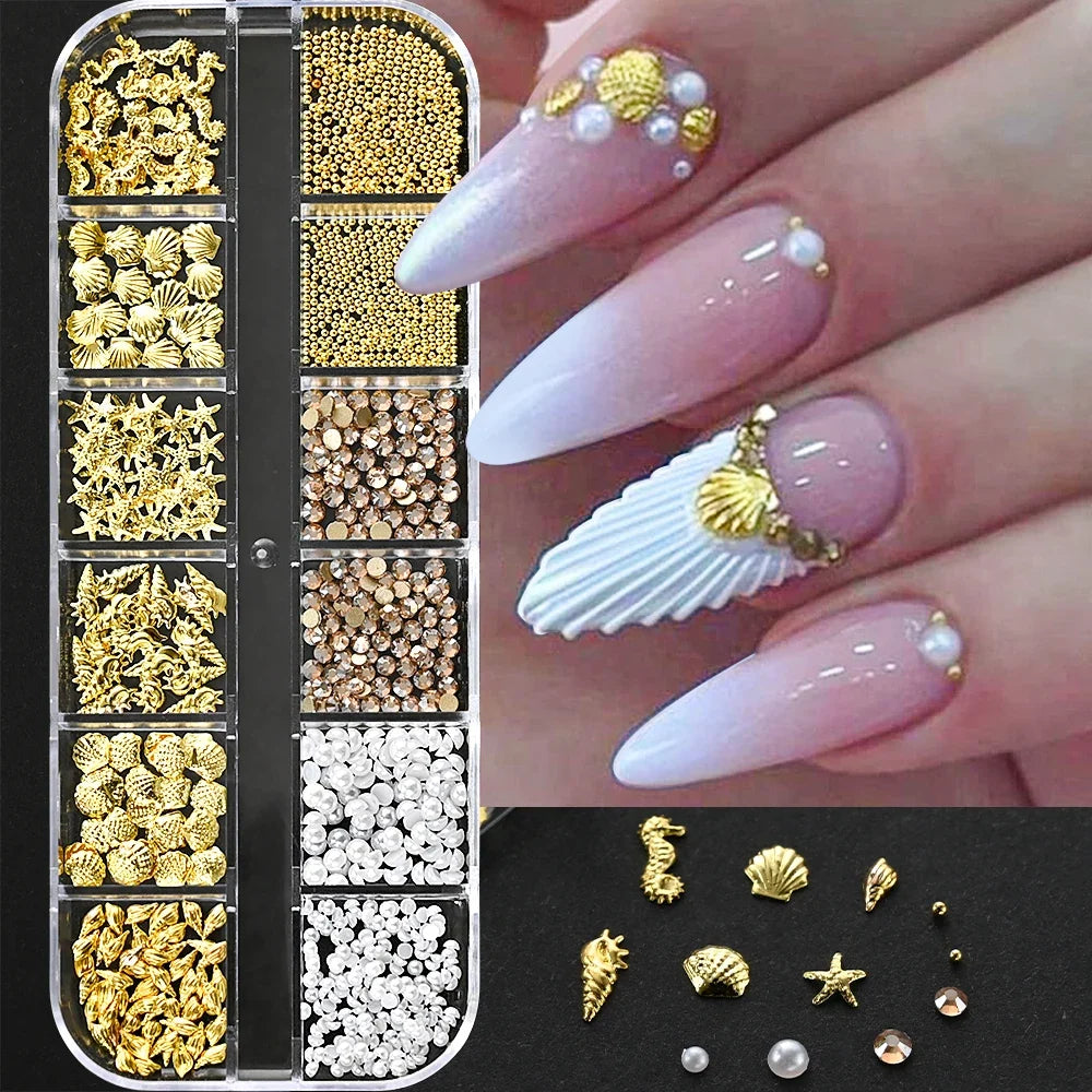 12Grids Ocean Gold Nail Art Charms Shell/Seahorse/Starfish White Half Round Pearl Gems 3D Mixed Punk Manicure Metal Rivets Studs